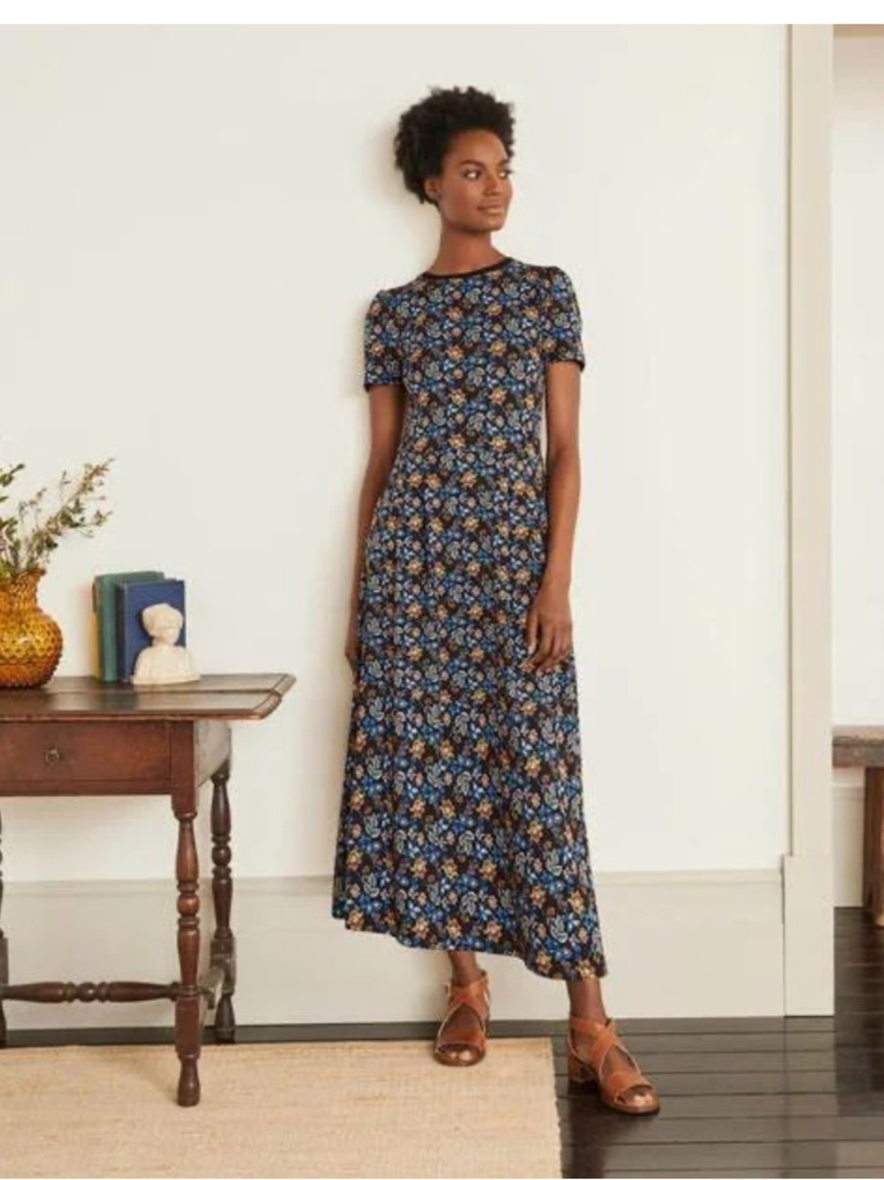 NWT Bodin Lucinda Jersey Midi Dress Summer Chintz in Black Print Size 12